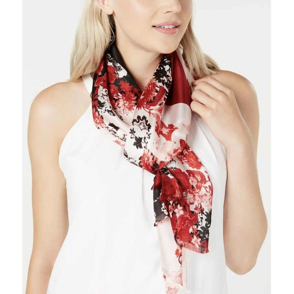 Calvin‎ Klein Red & Black Color blocked Floral 100% Silk Scarf retail $50